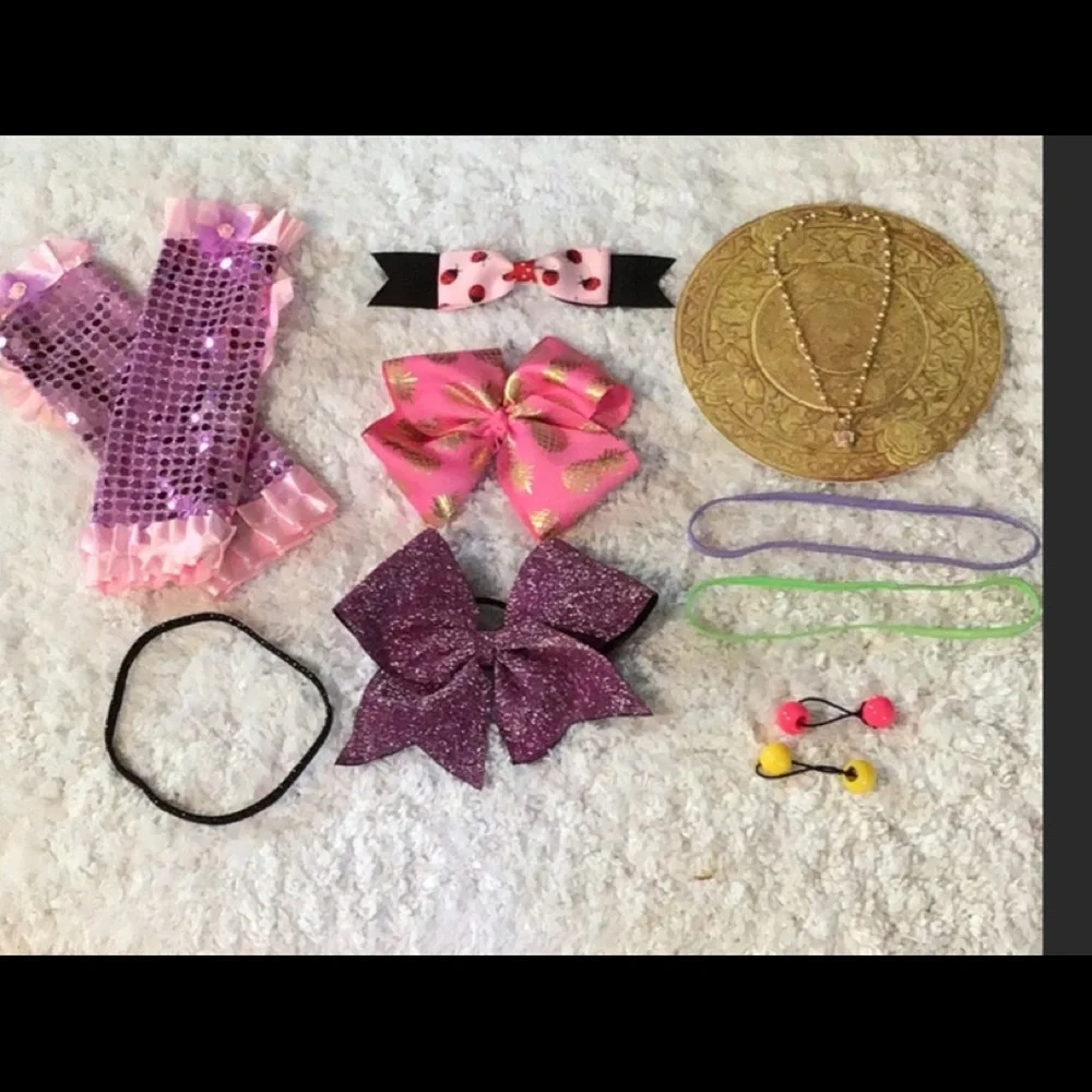Little Girl’s New Hair Items, Play Gloves & VTG Necklace + FREE Metal Headband!